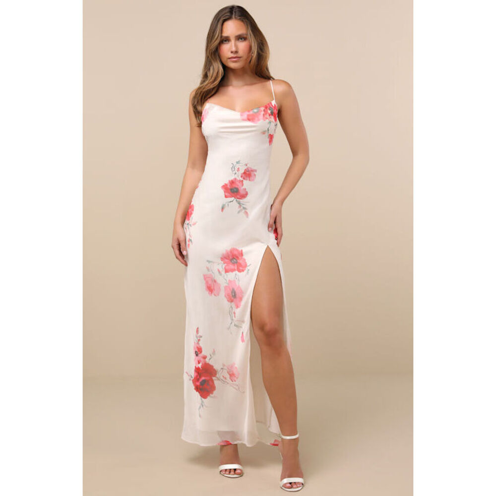 Lulus Dansy Light Beige Floral Cowl Neck Tie-back Maxi Dress - Size L